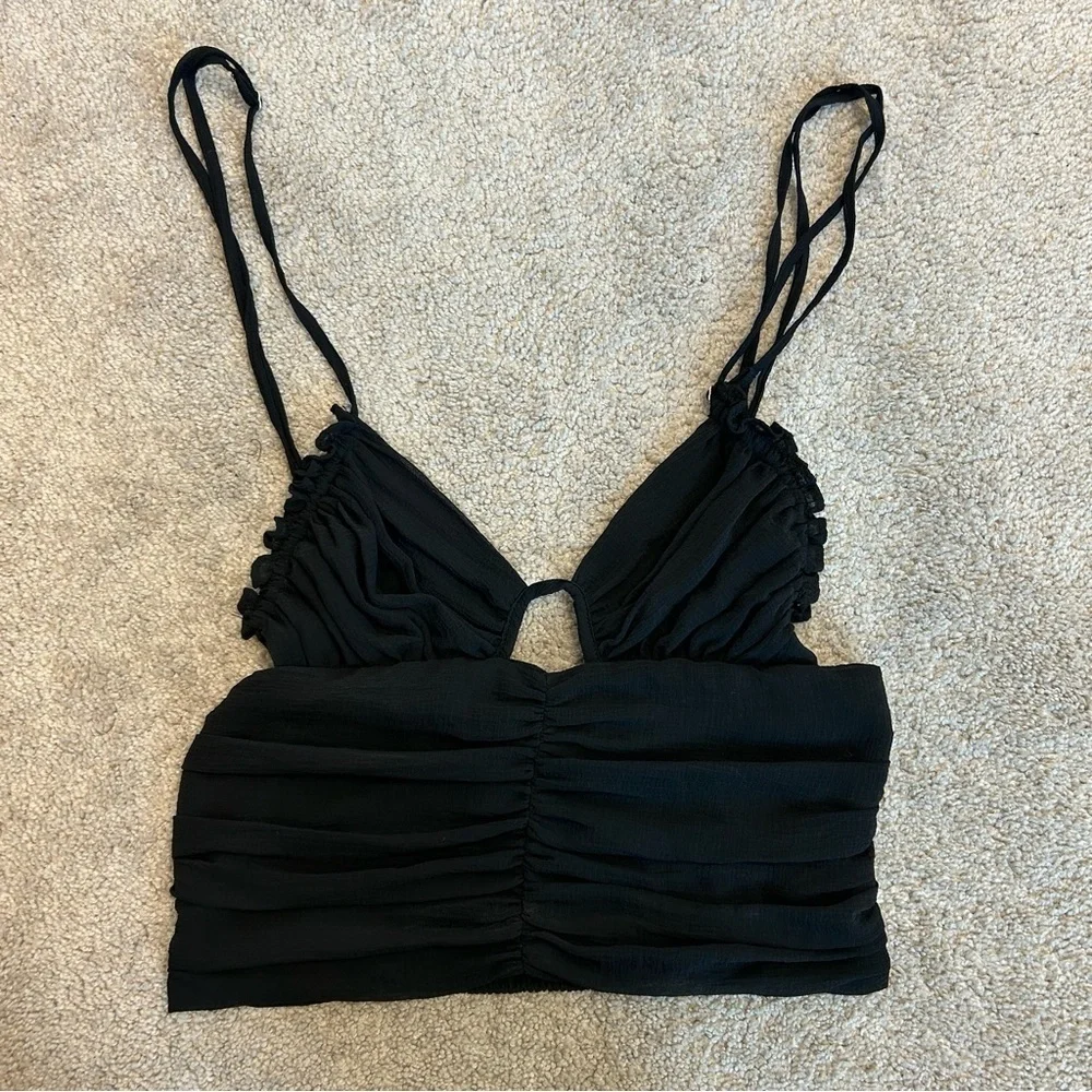 Zara Black Ruched Cut Out Crop Top Camisole sweetheart neckline strappy M NWOT - Picture 4 of 10